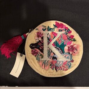 Anthropologie Cream and Pink Embroidered Pouch